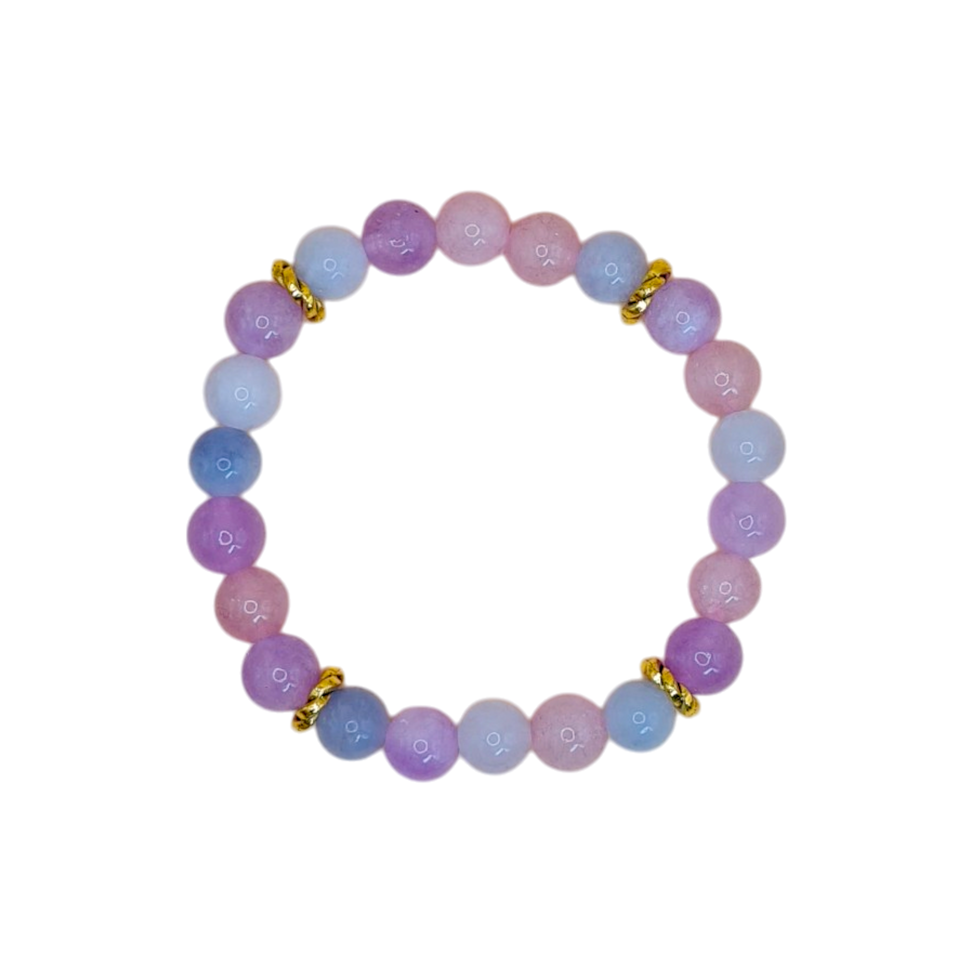 Pastellfarbenes Morganit Armband mit 8mm Perlen und vergoldeten Zwischenperlen auf elastischem Band – zartes Damen-Schmuckstück