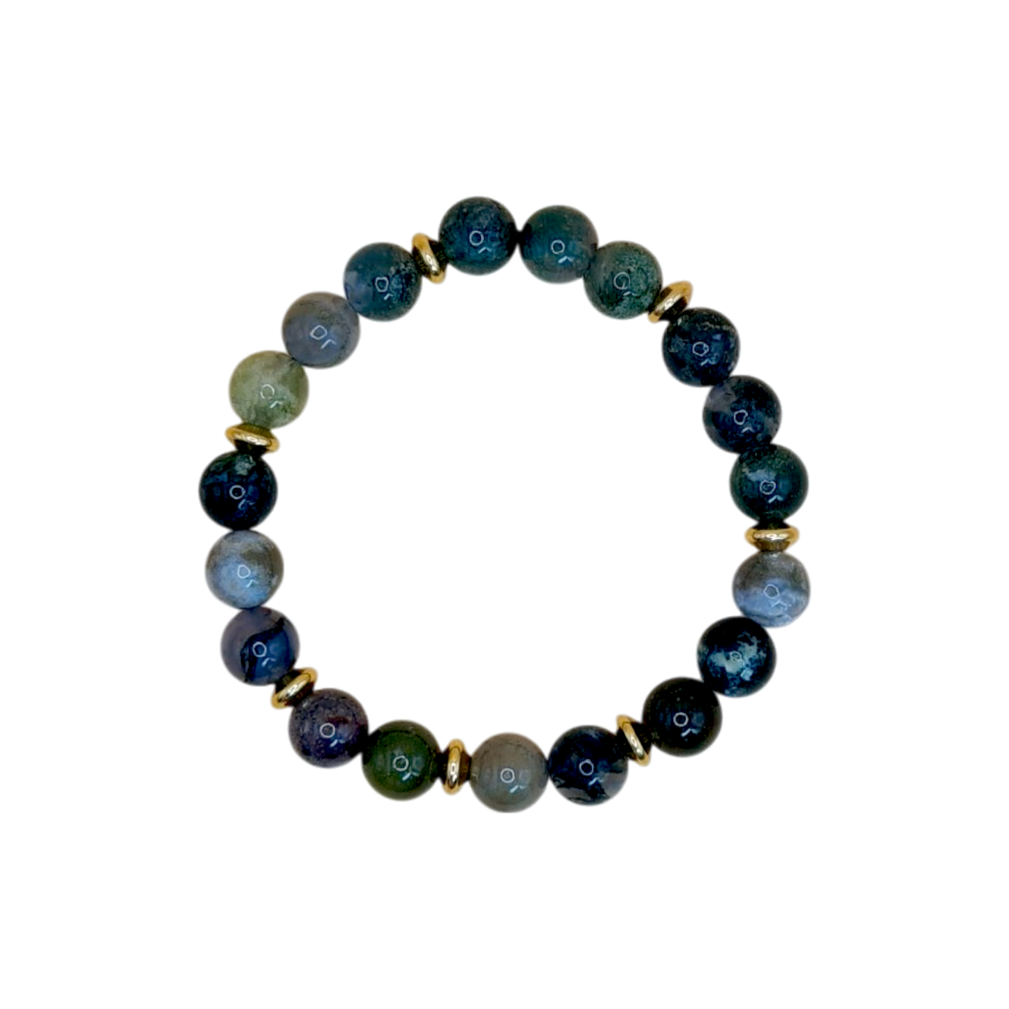 Handgefertigtes Achat Armband mit 8 mm Edelsteinperlen in Blau-Grün-Grau und vergoldeten Zwischenperlen, elastisches Band, 15 cm Umfang