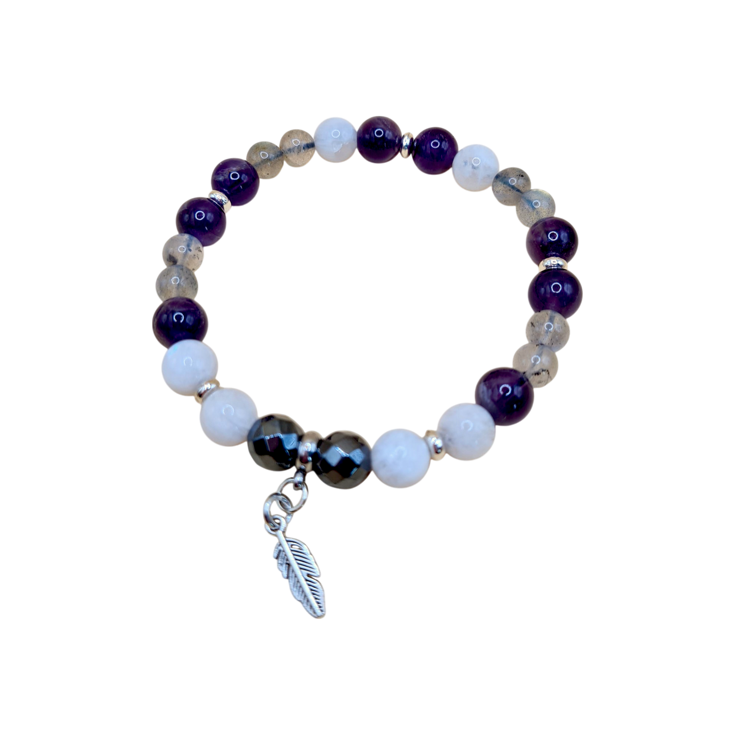 Elastisches Edelstein-Armband aus Amethyst, Mondstein, Labradorit und Hämatit mit Edelstahl-Feder – beruhigendes Amulett bei Vollmond