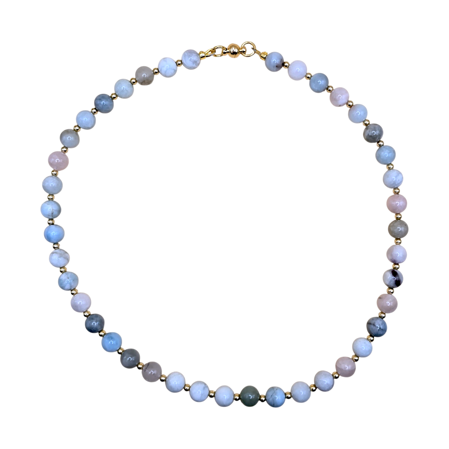 Handgefertigte Morganit-Kette mit 8 mm Edelsteinperlen in zarten Pastelltönen, vergoldete Zwischenperlen (18k) und Magnetverschluss, Länge 47 cm