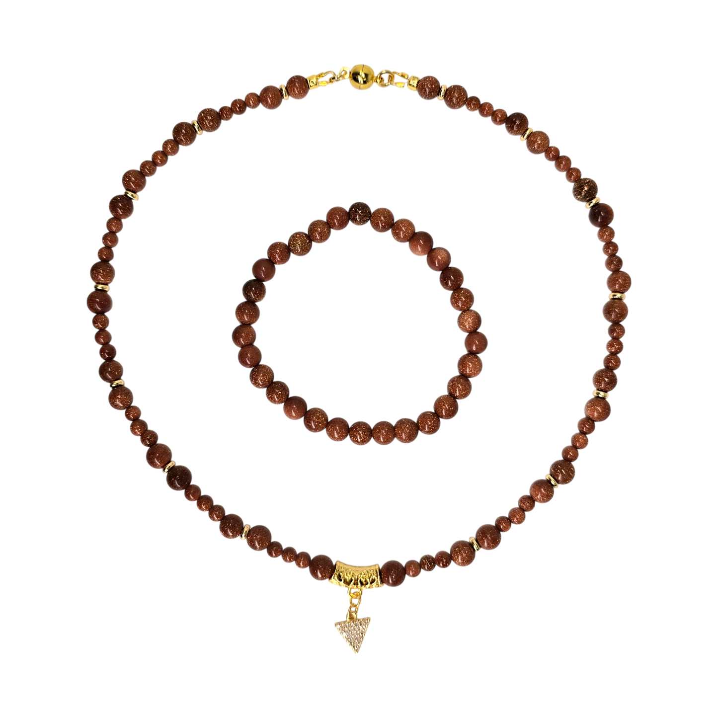 Schmuck-Set aus Goldfluss mit 40 cm Kette, vergoldetem Dreieck-Anhänger und elastischem Armband, Edelsteinschmuck in warmen Brauntönen