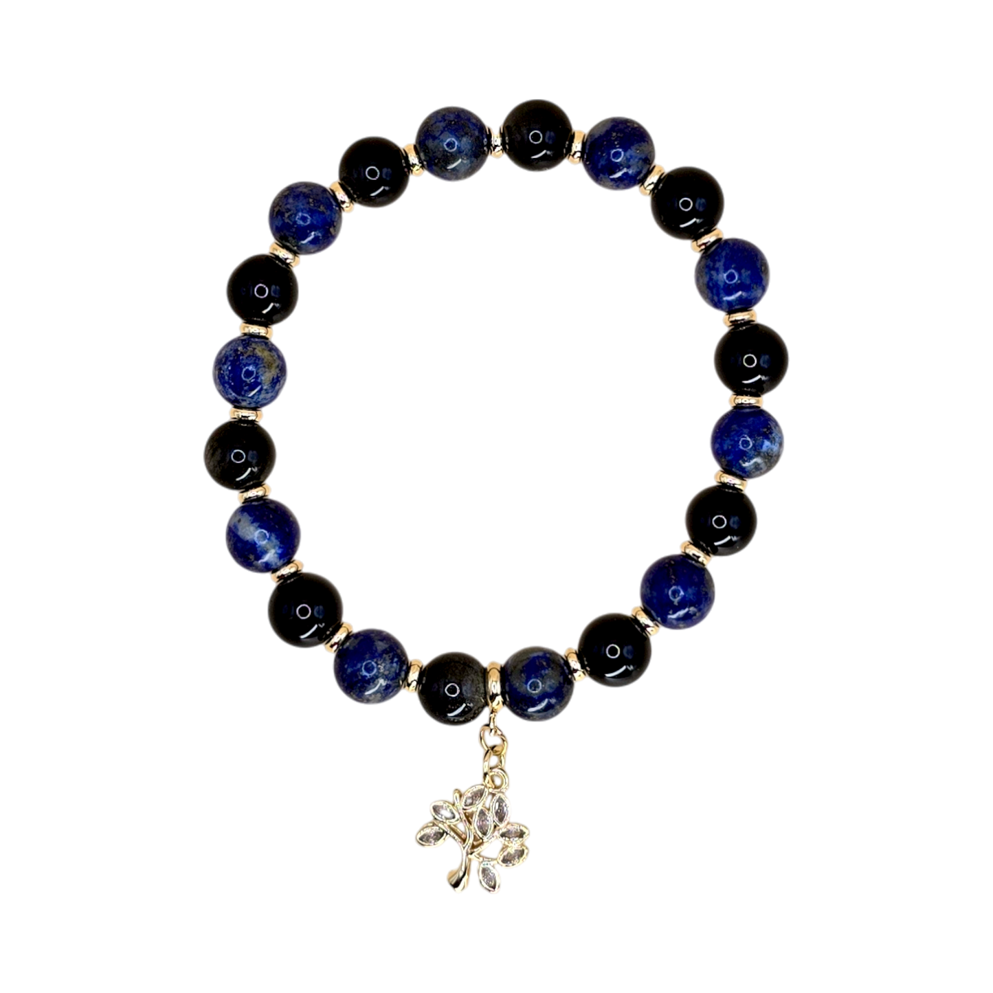 HarmonieWidder Armband Karriere – Lapislazuli & Obsidian, 17 cm, elastisch mit vergoldetem Lebensbaum-Anhänger und Zwischenperlen