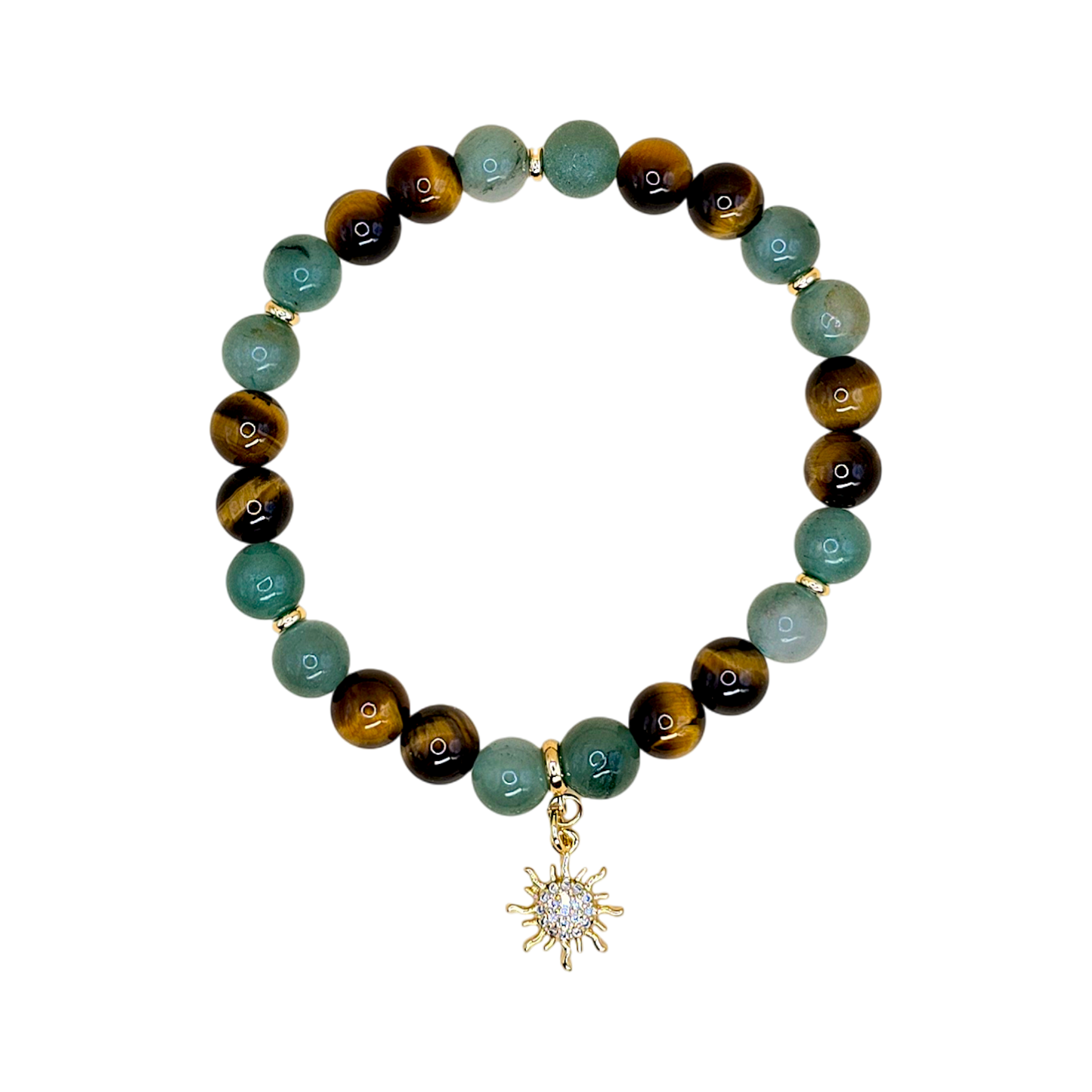 Widder Armband Karriere – Aventurin & Tigerauge 8 mm mit vergoldetem Sonnen-Anhänger