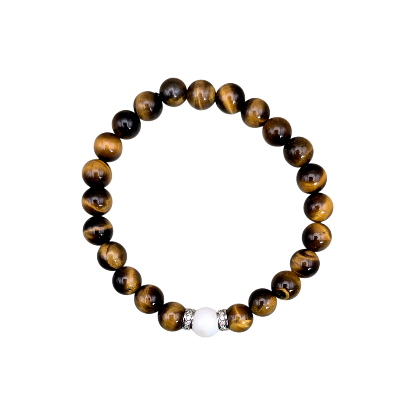 Herren-Armband aus Tigerauge und Magnesit mit 8 mm Edelsteinperlen, silberfarbenen Strass-Zwischenperlen und elastischem Band, Größe 19 cm.