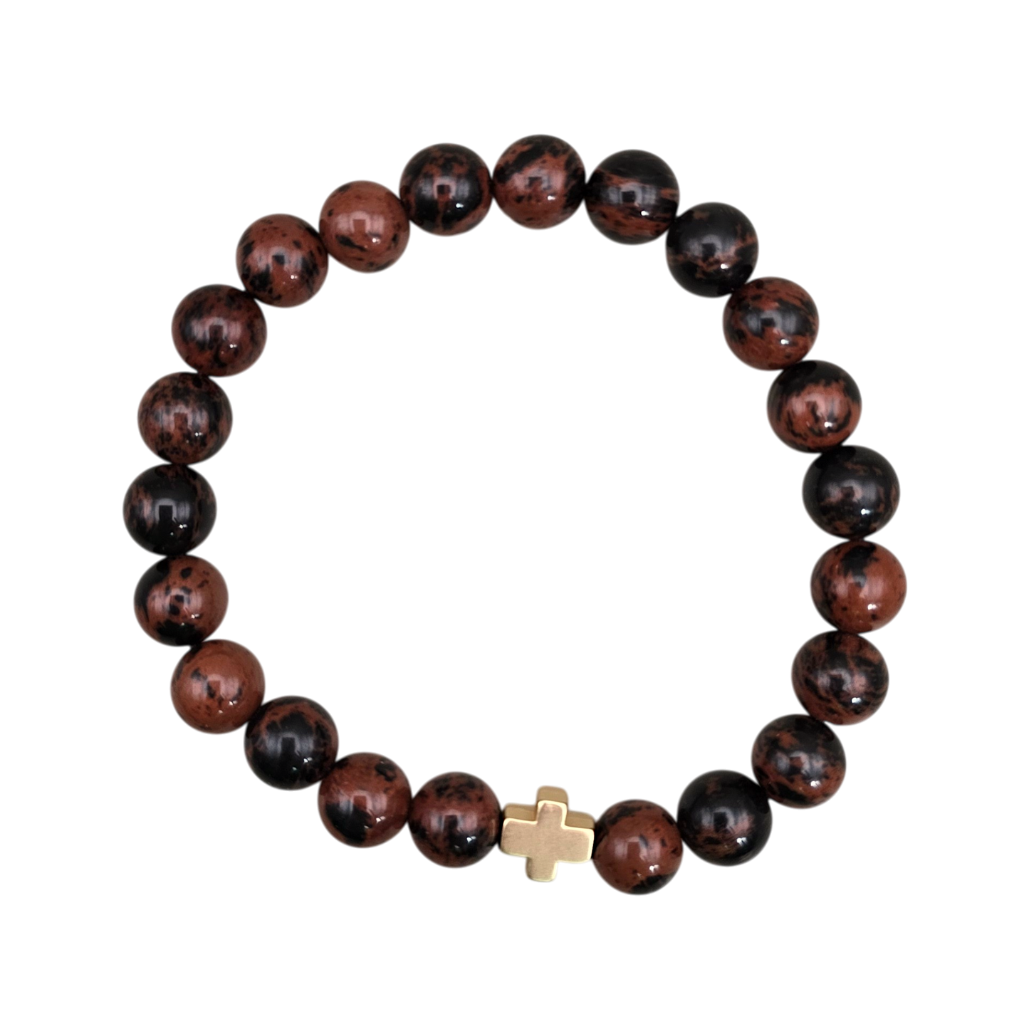 Herrenarmband aus Mahagoni-Obsidian mit 8 mm Edelsteinperlen in Braun-Schwarz und vergoldetem Kreuz, Größe 18 cm.