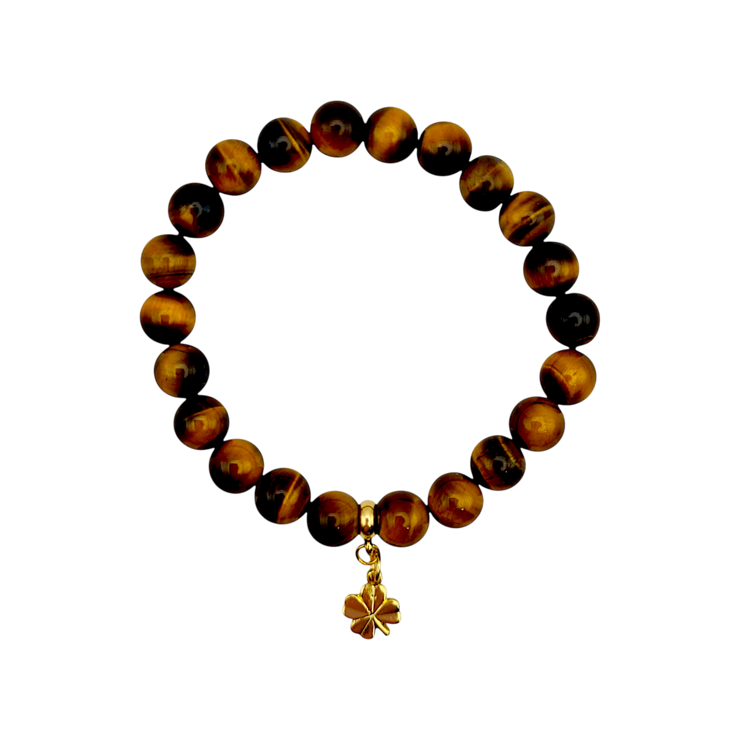 "Armband aus Tigerauge mit 14K vergoldetem Kleeblatt, elastisch, 16 cm, Perlen 8 mm"