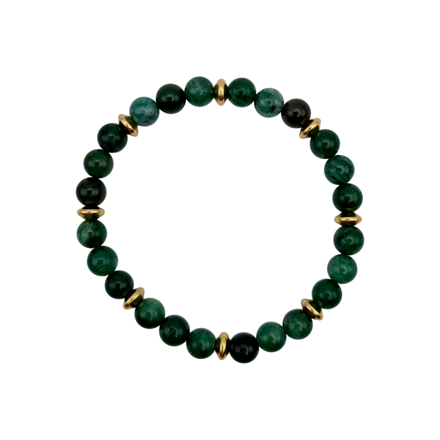 Smaragd-Armband 6 mm mit 14K vergoldeten Elementen, 16 cm, elastisches Band