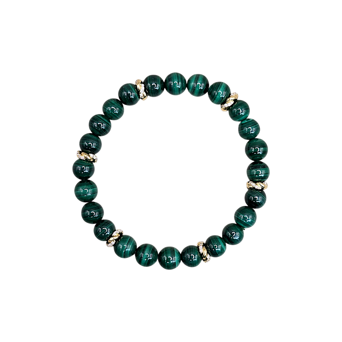 Malachit Armband Stier mit 8 mm Natursteinperlen und vergoldeten Zwischenelementen, elastisches Edelsteinarmband.