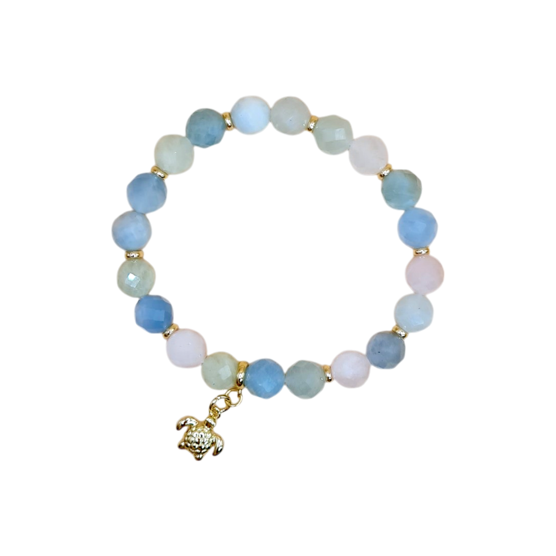 Zartes Damen Armband aus echtem Morganit mit vergoldetem Schildkröten-Anhänger, 8 mm Perlen, auf elastischem Band

