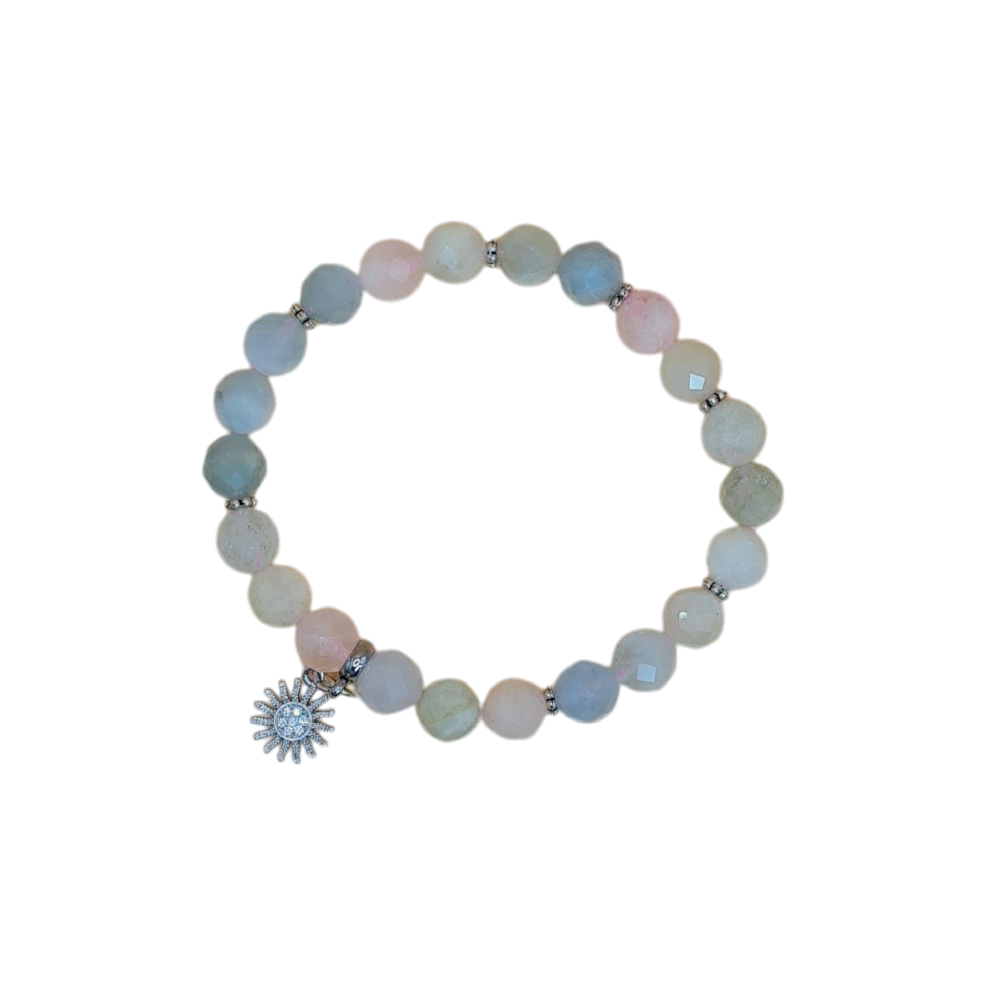 Zartes Damen-Armband aus echtem Morganit mit silberfarbenem Sonnen-Anhänger, 8 mm facettierte Perlen, elastisches Band