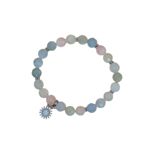Zartes Damen-Armband aus echtem Morganit mit silberfarbenem Sonnen-Anhänger, 8 mm facettierte Perlen, elastisches Band