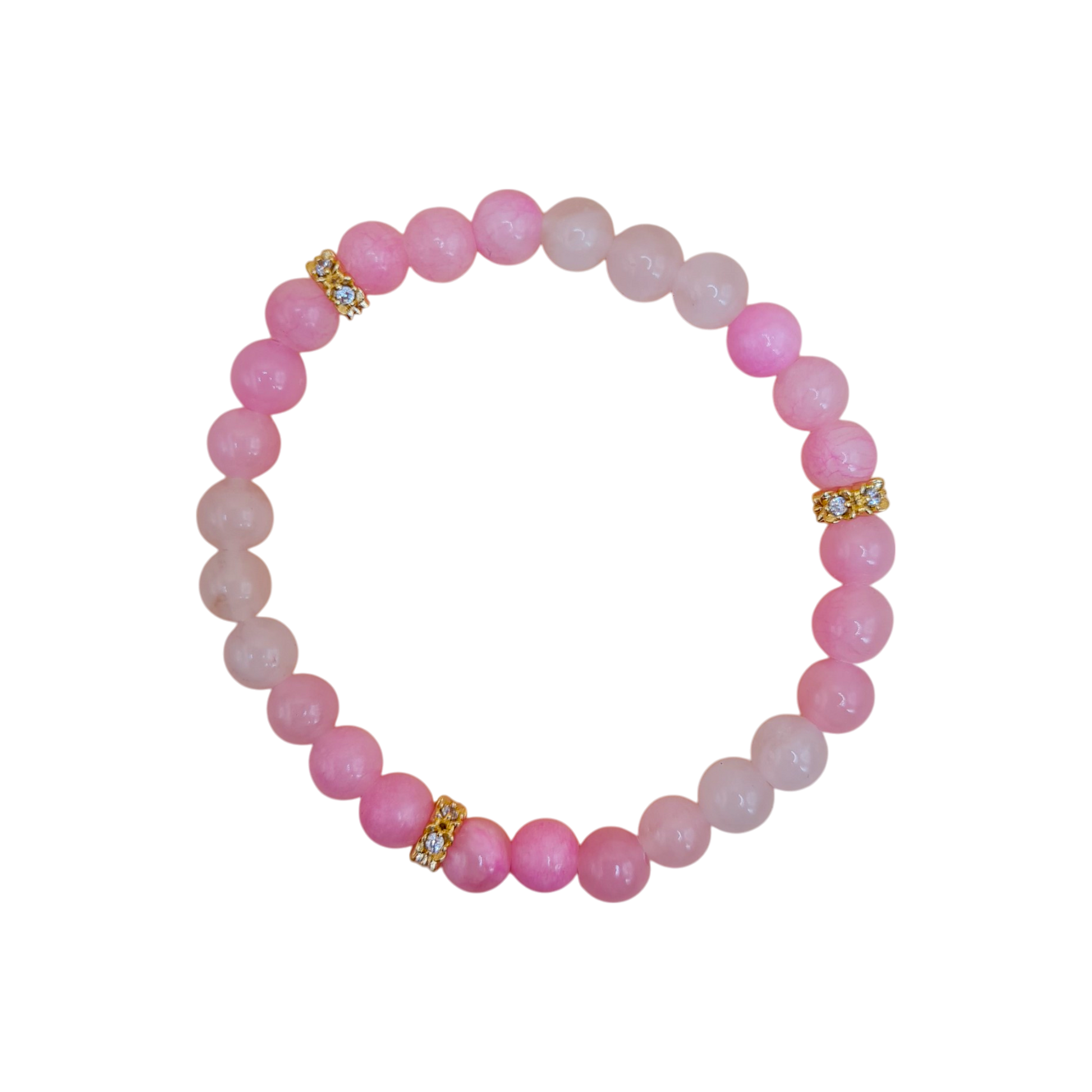 Rosenquarz und Jade Armband mit 8mm Perlen und vergoldeten Zirkonia-Zwischenperlen – elastisches, zartrosa Damenarmband