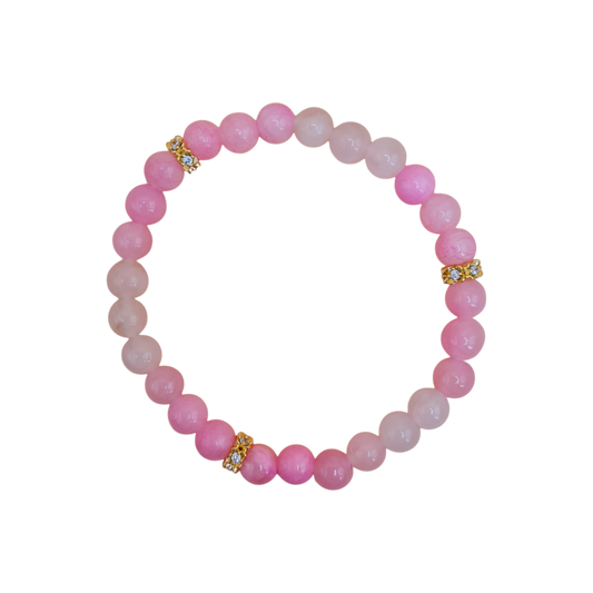 Rosenquarz und Jade Armband mit 8mm Perlen und vergoldeten Zirkonia-Zwischenperlen – elastisches, zartrosa Damenarmband