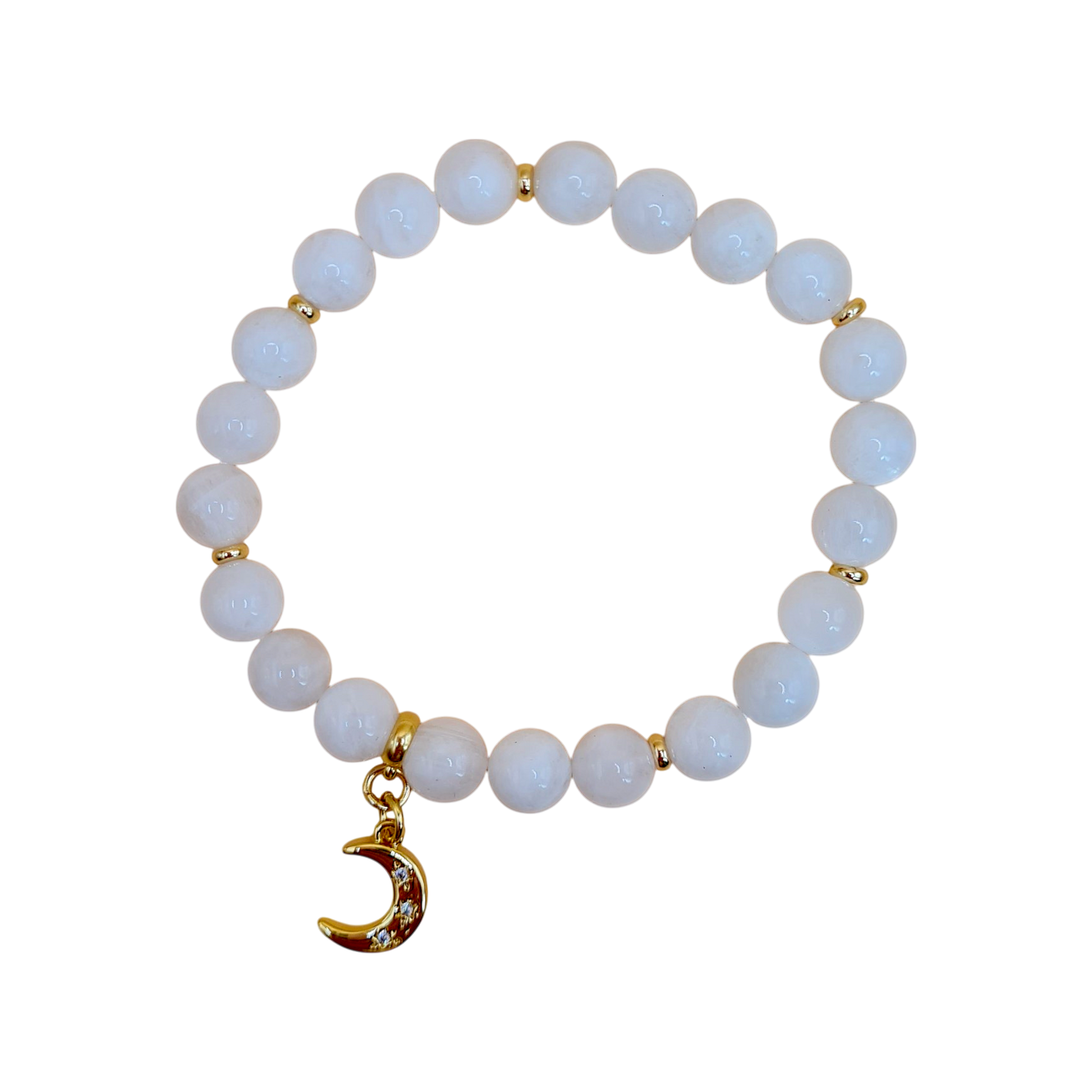  Elegantes Mondstein Armband mit vergoldetem Halbmond Anhänger und 8mm Perlen auf Elastikband