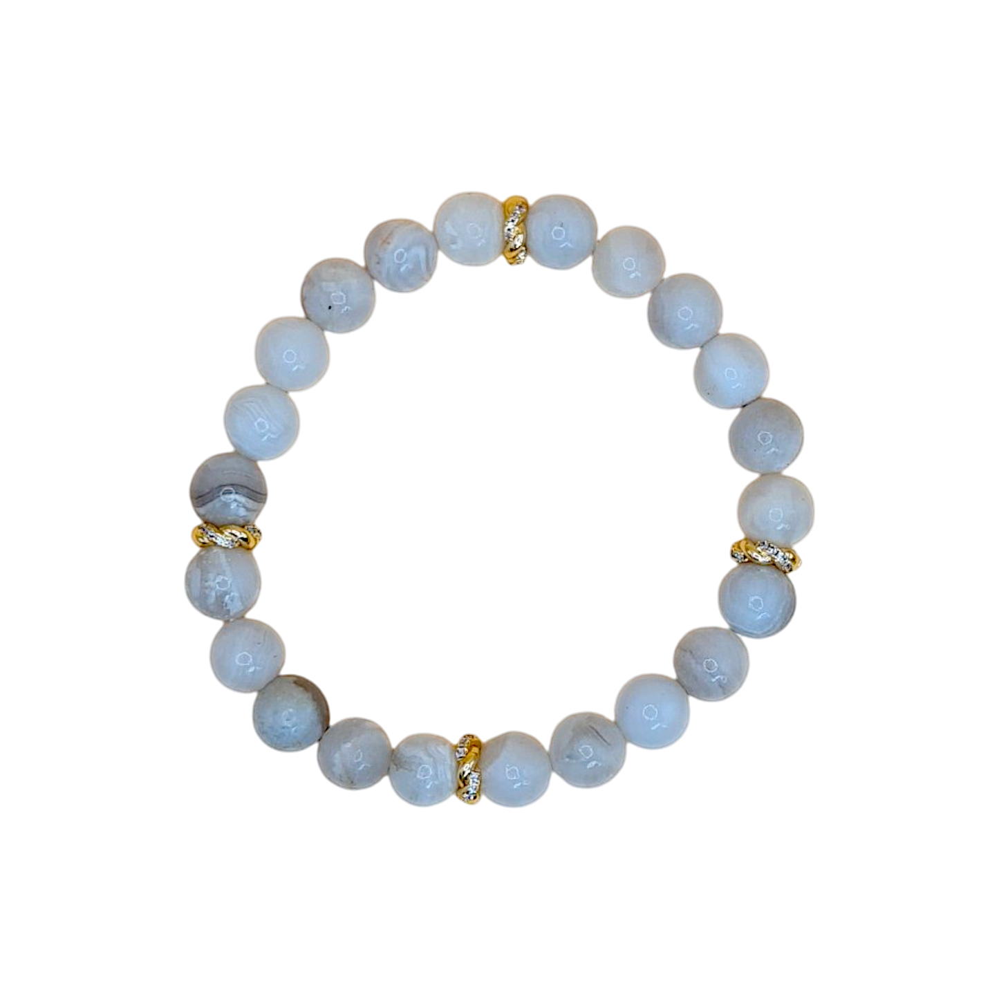 Handgefertigtes elastisches Mondstein Armband mit 8mm Perlen und vergoldeten Zwischenperlen mit Zirkonia

