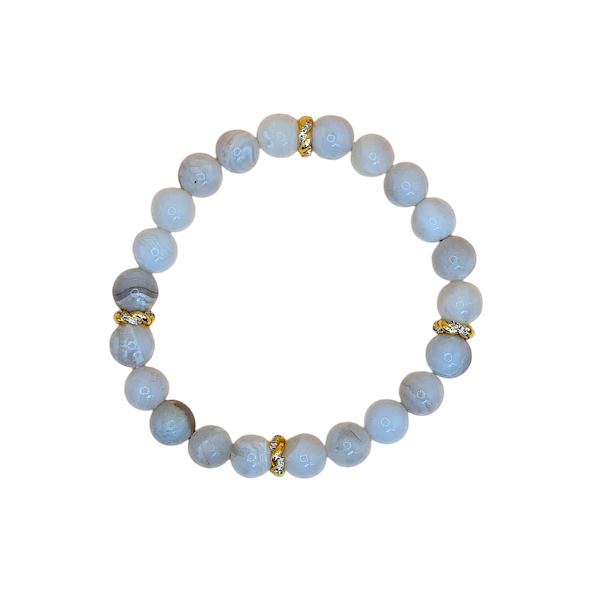 Handgefertigtes elastisches Mondstein Armband mit 8mm Perlen und vergoldeten Zwischenperlen mit Zirkonia

