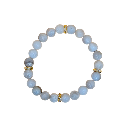 Handgefertigtes elastisches Mondstein Armband mit 8mm Perlen und vergoldeten Zwischenperlen mit Zirkonia

