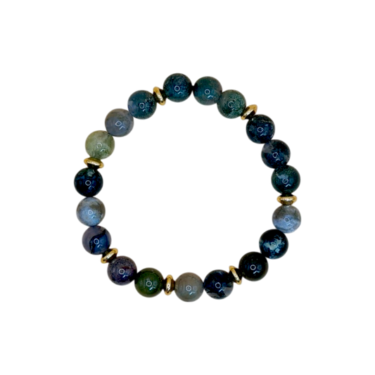 Handgefertigtes Achat Armband mit 8 mm Edelsteinperlen in Blau-Grün-Grau und vergoldeten Zwischenperlen, elastisches Band, 15 cm Umfang

