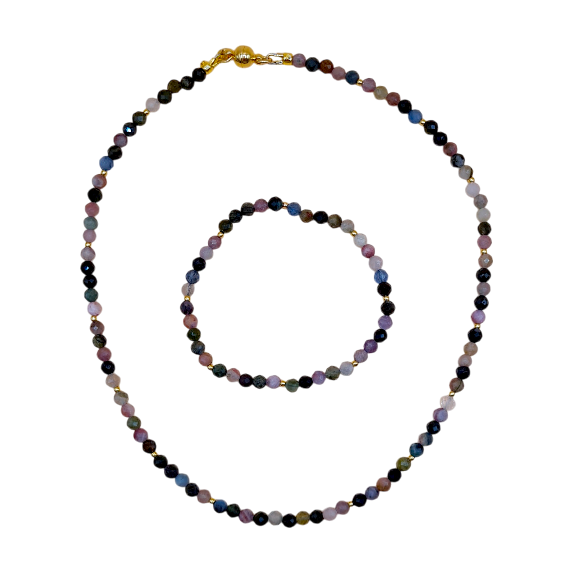 Facettiertes Turmalin Schmuckset bestehend aus bunter Kette und elastischem Armband mit vergoldeten Details und Magnetverschluss

