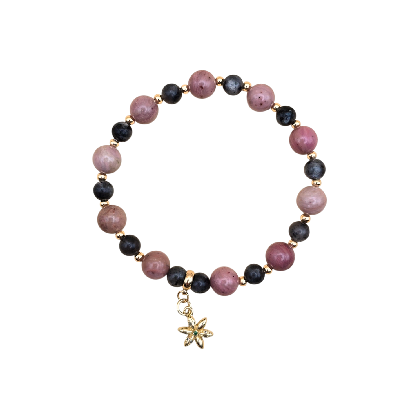 Elastisches Armband mit Rhodonit 💗 und Labradorit 🌌, vergoldete Zwischenperlen ✨ und 18k Blumenanhänger 🌼, 17 cm
