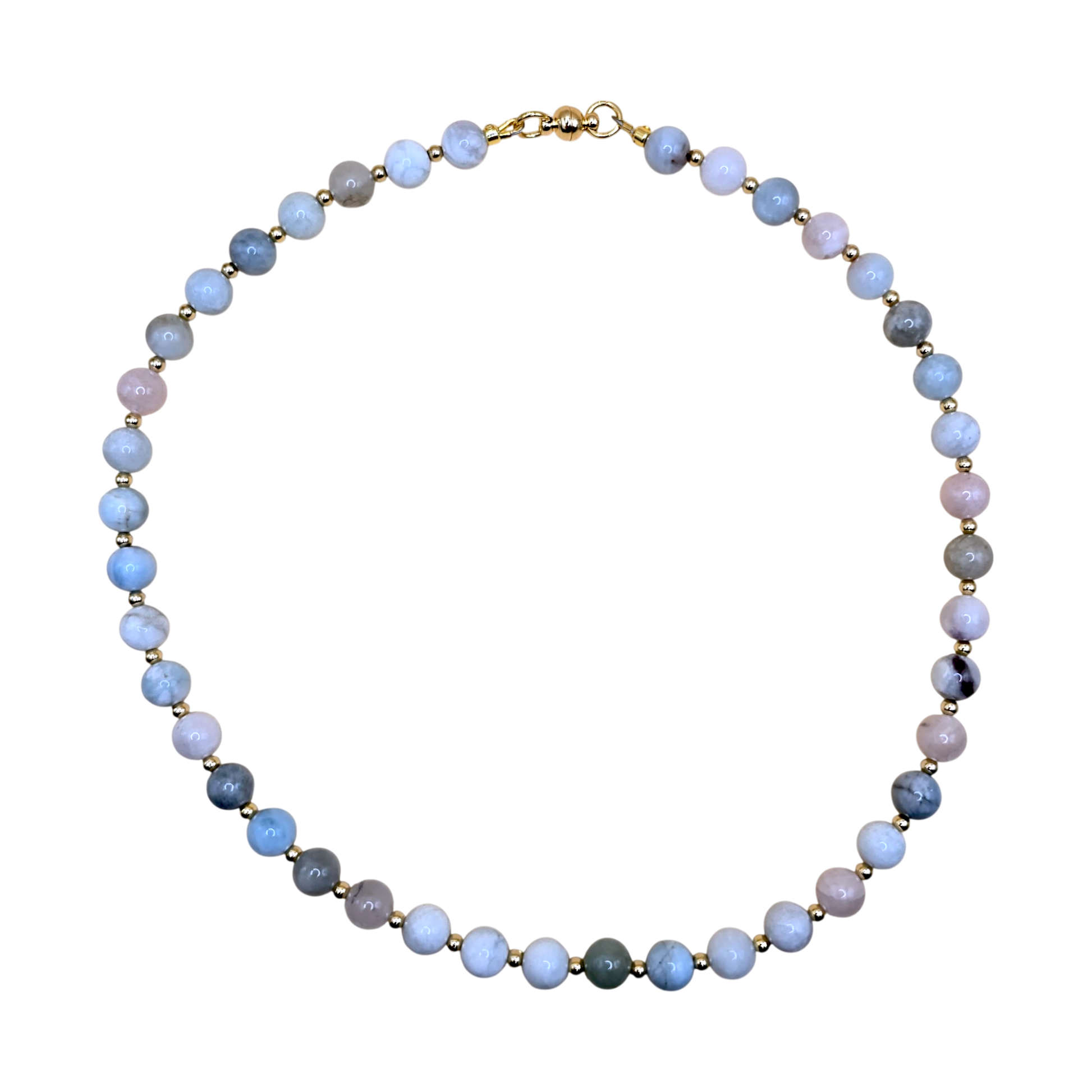 Handgefertigte Morganit-Kette mit 8 mm Edelsteinperlen in zarten Pastelltönen, vergoldete Zwischenperlen (18k) und Magnetverschluss, Länge 47 cm

