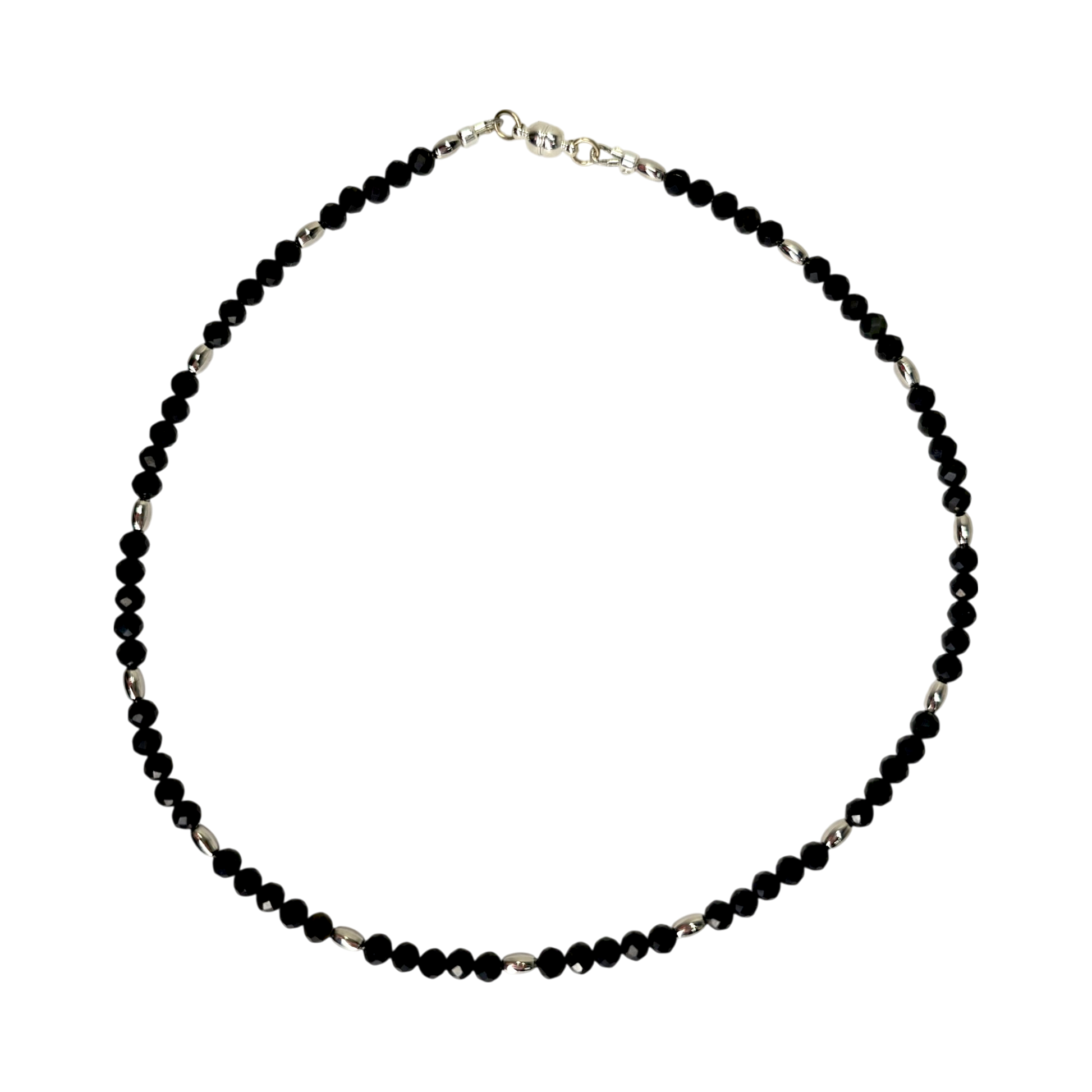 Handgemachte Obsidian-Kette mit silberfarbenen Zwischenperlen und Magnetverschluss, 39,5 cm