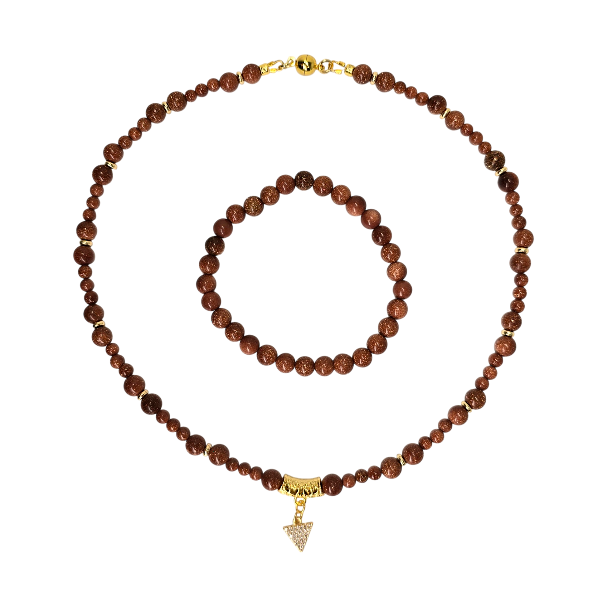 Schmuck-Set aus Goldfluss mit 40 cm Kette, vergoldetem Dreieck-Anhänger und elastischem Armband, Edelsteinschmuck in warmen Brauntönen


