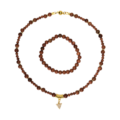 Schmuck-Set aus Goldfluss mit 40 cm Kette, vergoldetem Dreieck-Anhänger und elastischem Armband, Edelsteinschmuck in warmen Brauntönen

