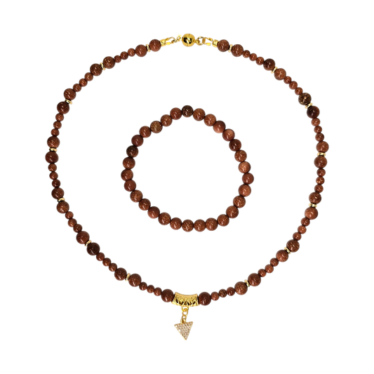 Schmuck-Set aus Goldfluss mit 40 cm Kette, vergoldetem Dreieck-Anhänger und elastischem Armband, Edelsteinschmuck in warmen Brauntönen

