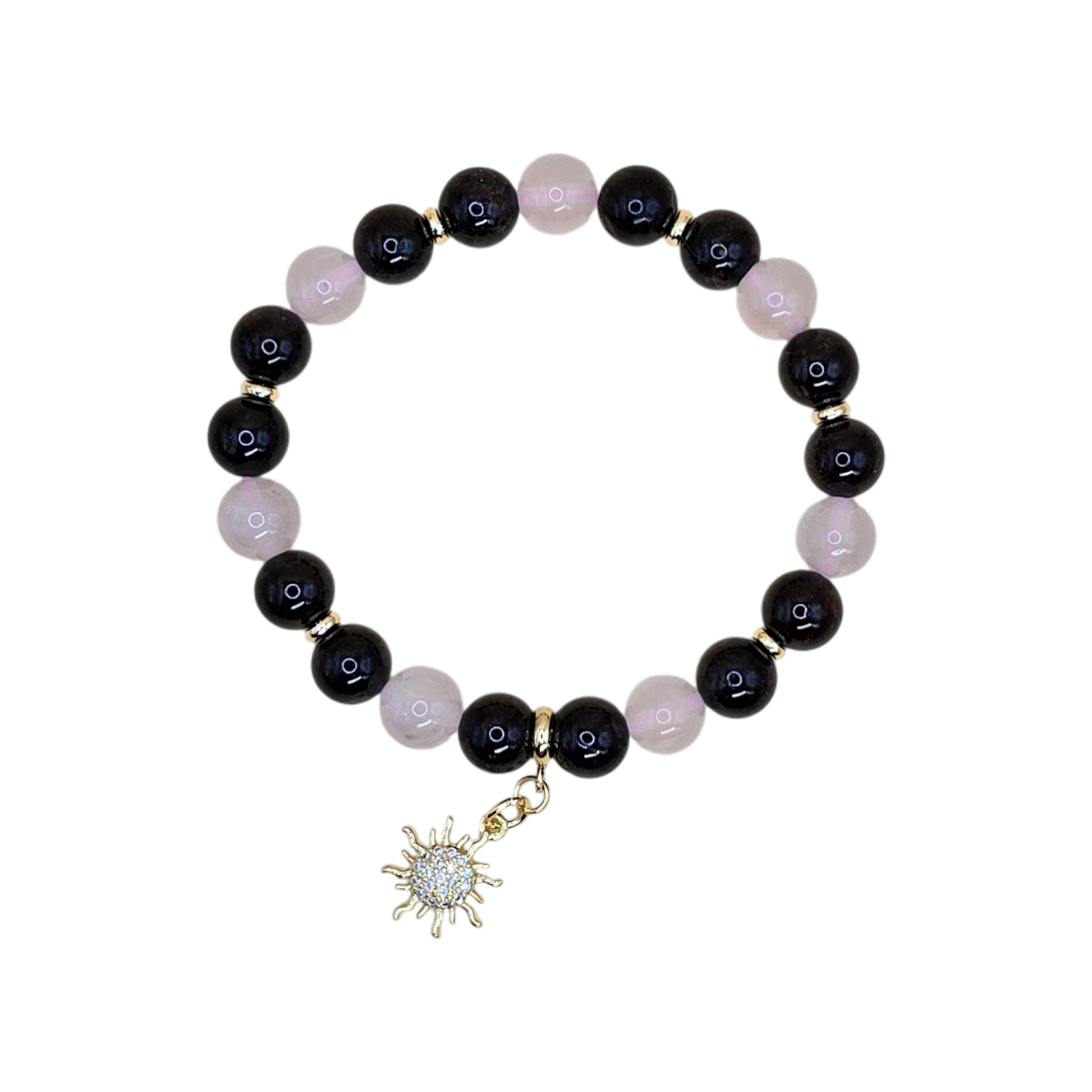 Armband 16 cm aus Rosenquarz und Granat mit vergoldeten Zwischenperlen und Sonnen-Anhänger – Schmuck für Widder, Liebe & Harmonie