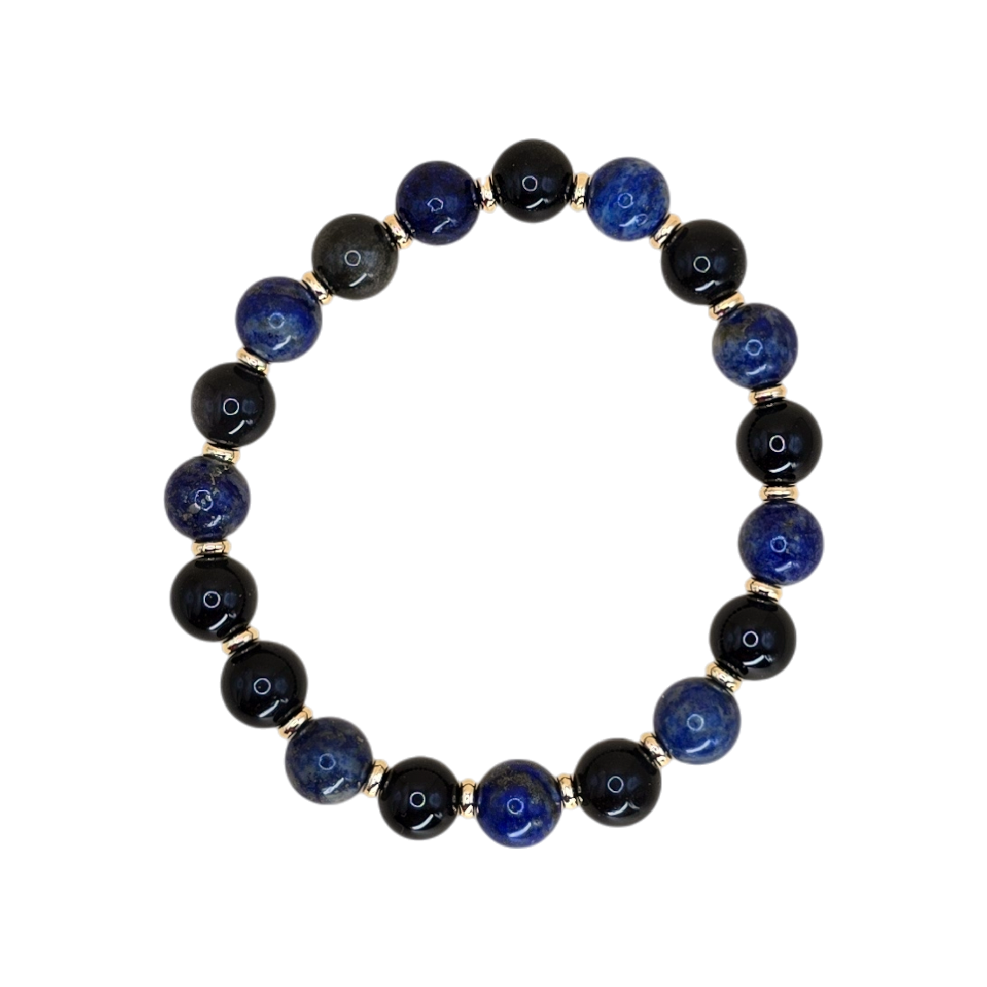 Armband für Widder aus Lapislazuli & Obsidian, 17 cm, elastisch mit vergoldeten Zwischenperlen – Karriere & Erfolg