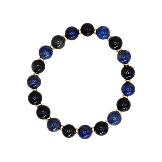 Armband für Widder aus Lapislazuli & Obsidian, 17 cm, elastisch mit vergoldeten Zwischenperlen – Karriere & Erfolg