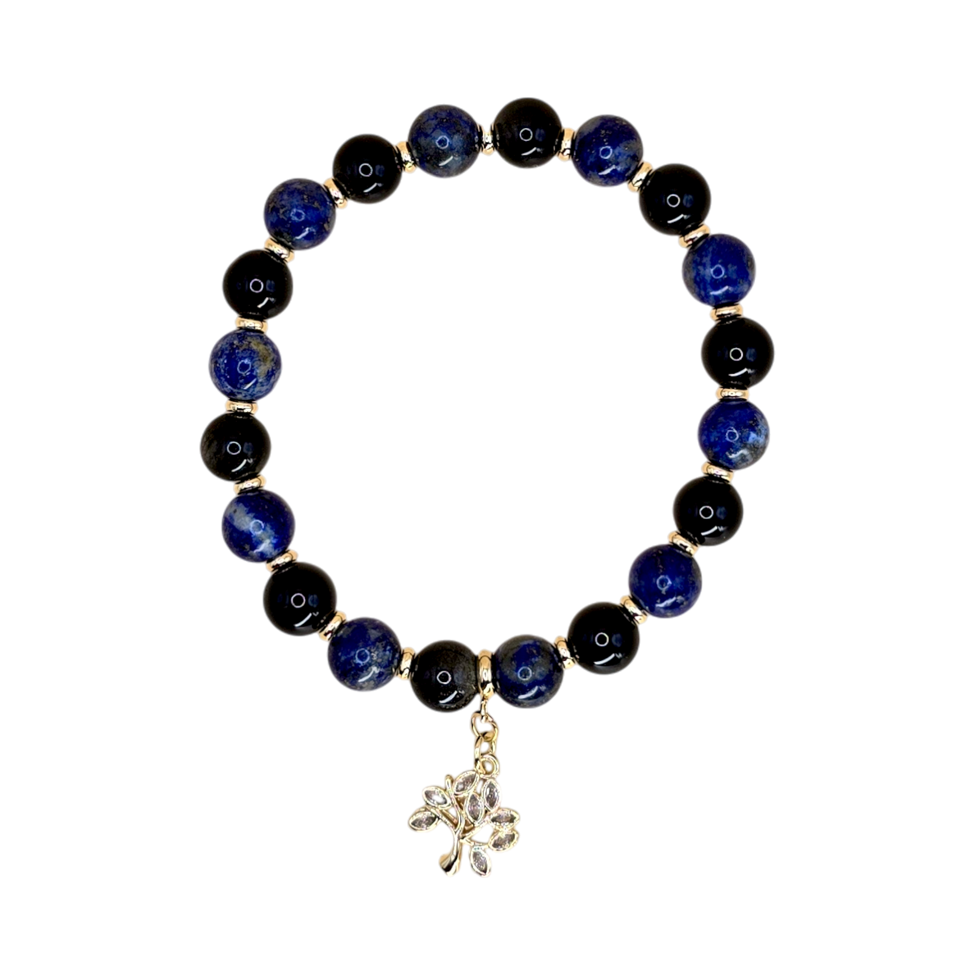 HarmonieWidder Armband Karriere – Lapislazuli & Obsidian, 17 cm, elastisch mit vergoldetem Lebensbaum-Anhänger und Zwischenperlen