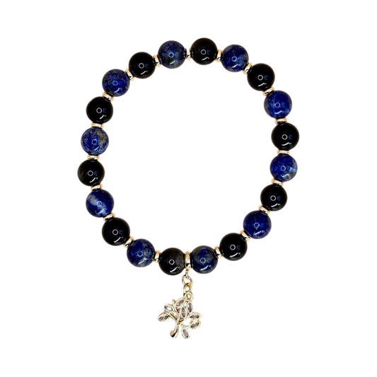 HarmonieWidder Armband Karriere – Lapislazuli & Obsidian, 17 cm, elastisch mit vergoldetem Lebensbaum-Anhänger und Zwischenperlen