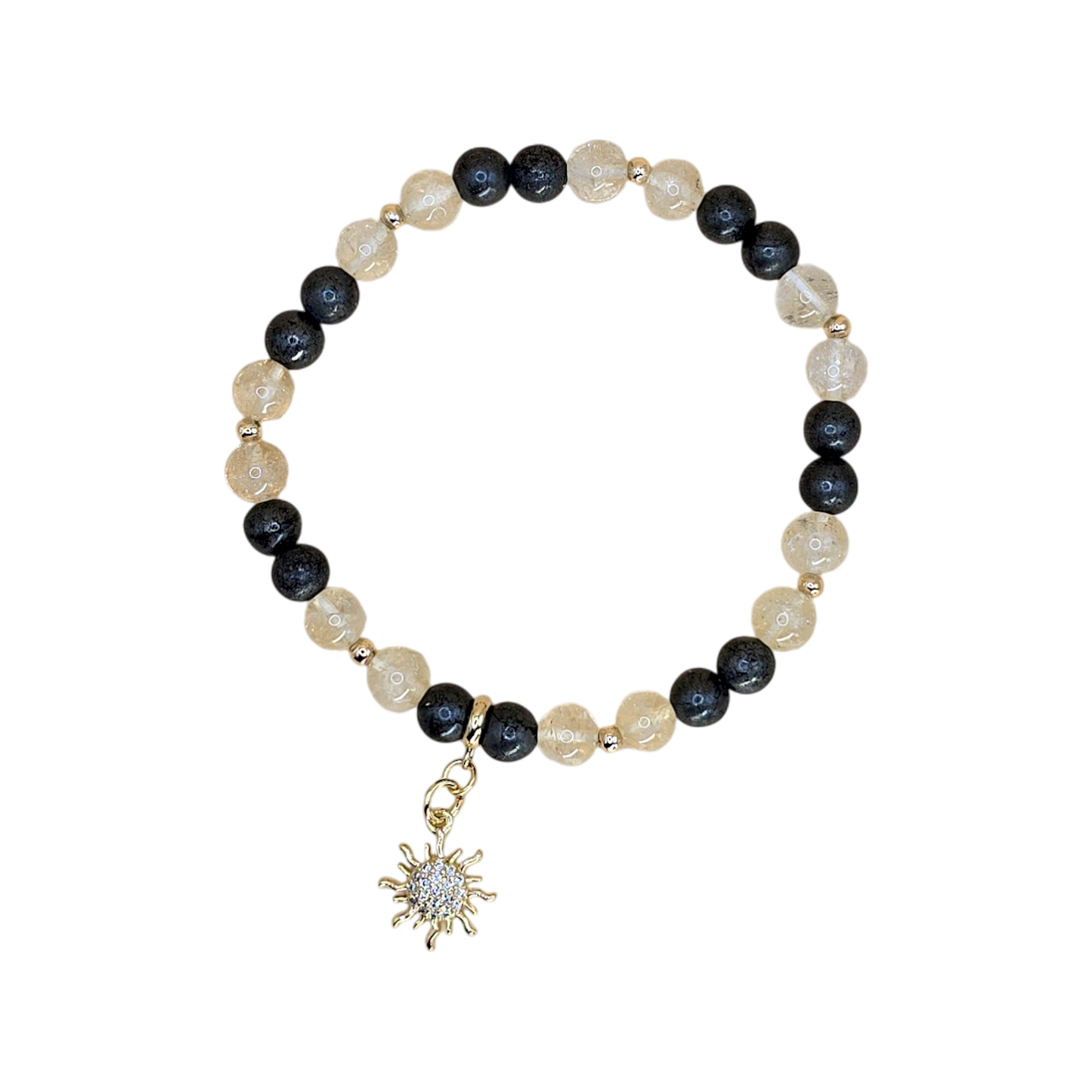 Karriere Armband Citrin & Pyrit mit vergoldetem Sonnen-Anhänger – 6 mm, handgefertigt, vergoldete Zwischenperlen