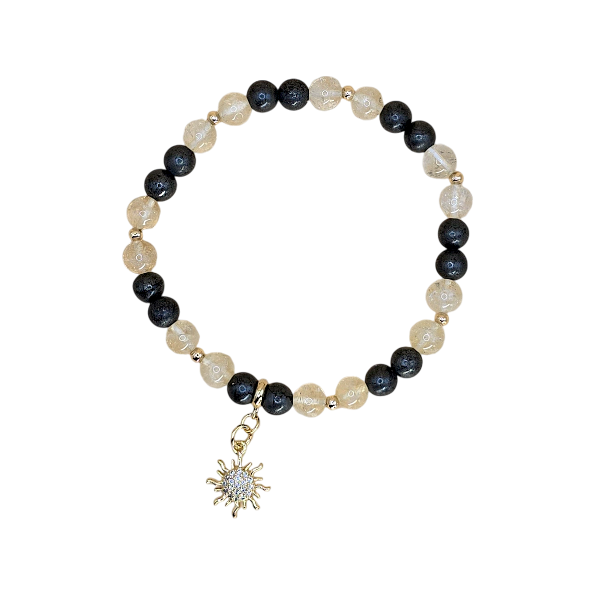 Karriere Armband Citrin & Pyrit mit vergoldetem Sonnen-Anhänger – 6 mm, handgefertigt, vergoldete Zwischenperlen