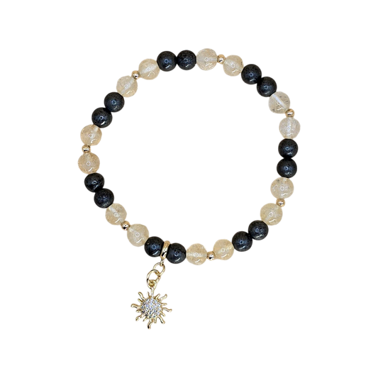 Karriere Armband Citrin & Pyrit mit vergoldetem Sonnen-Anhänger – 6 mm, handgefertigt, vergoldete Zwischenperlen
