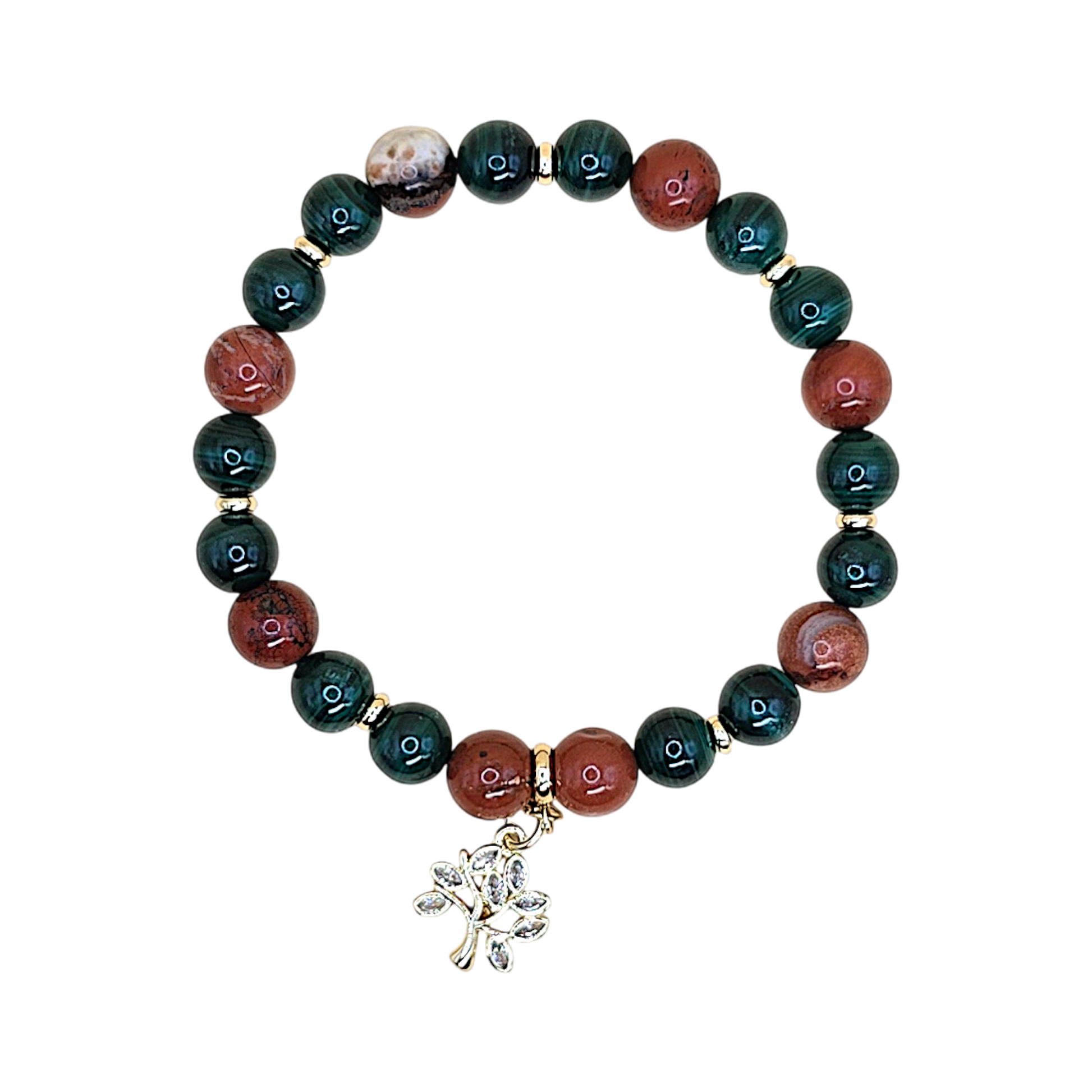 Widder Armband Finanzen mit Malachit und Jaspis, Lebensbaum-Anhänger vergoldet, 8 mm, 18 cm elastisch