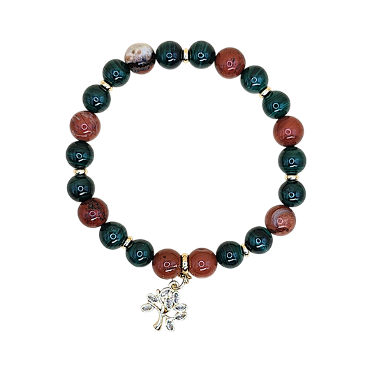 Widder Armband Finanzen mit Malachit und Jaspis, Lebensbaum-Anhänger vergoldet, 8 mm, 18 cm elastisch