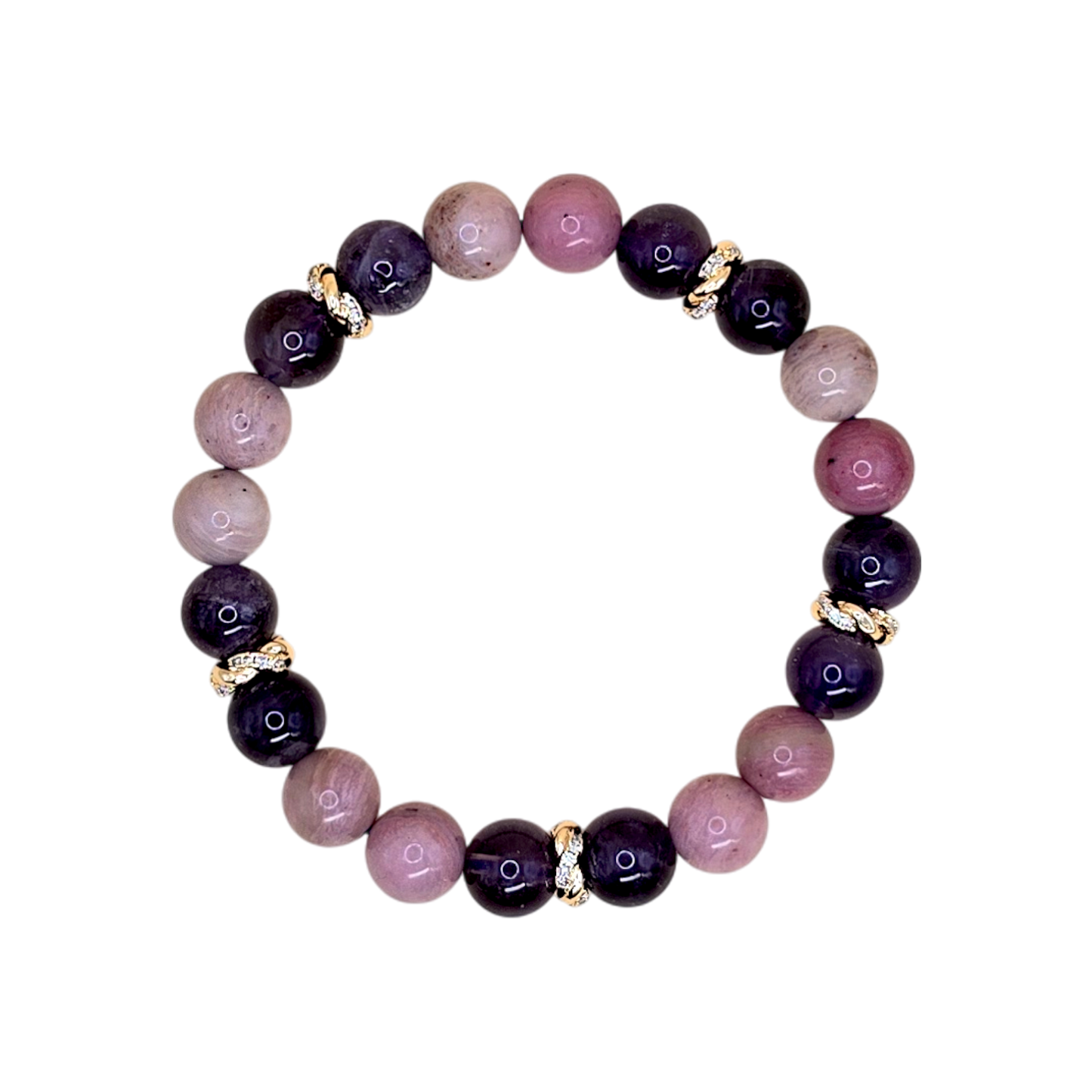 Widder Armband Liebe – Amethyst & Rhodonit 8 mm mit vergoldeten Strass-Zwischenperlen