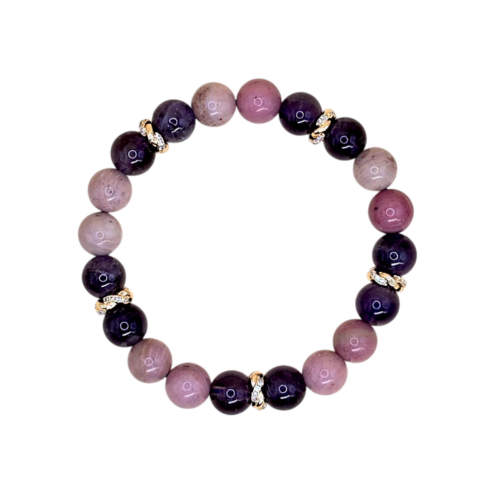Widder Armband Liebe – Amethyst & Rhodonit 8 mm mit vergoldeten Strass-Zwischenperlen