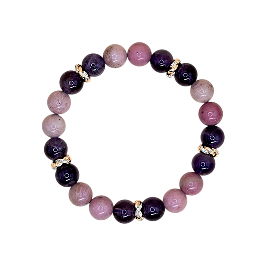 Widder Armband Liebe – Amethyst & Rhodonit 8 mm mit vergoldeten Strass-Zwischenperlen