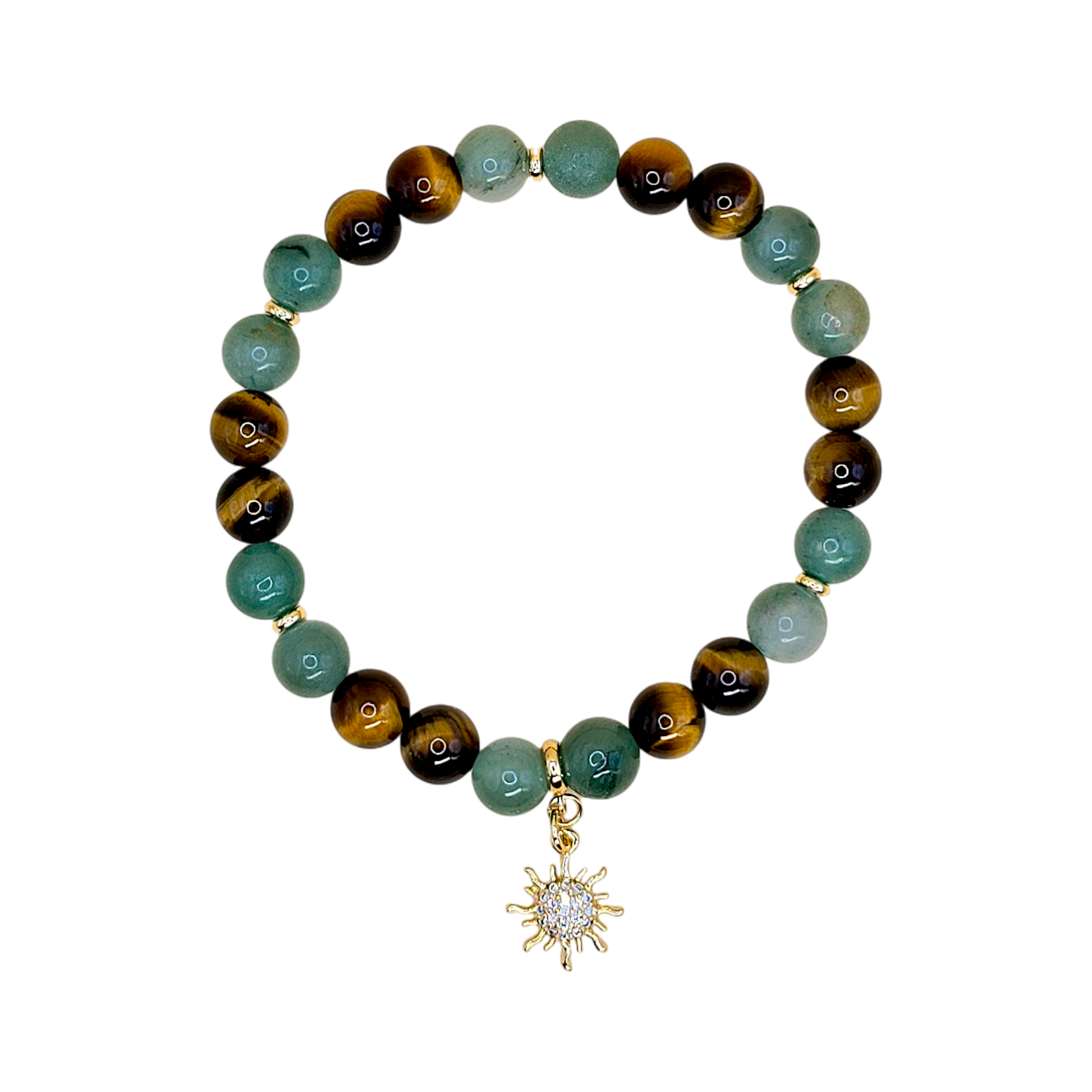 Widder Armband Karriere – Aventurin & Tigerauge 8 mm mit vergoldetem Sonnen-Anhänger