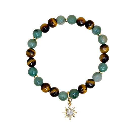 Widder Armband Karriere – Aventurin & Tigerauge 8 mm mit vergoldetem Sonnen-Anhänger