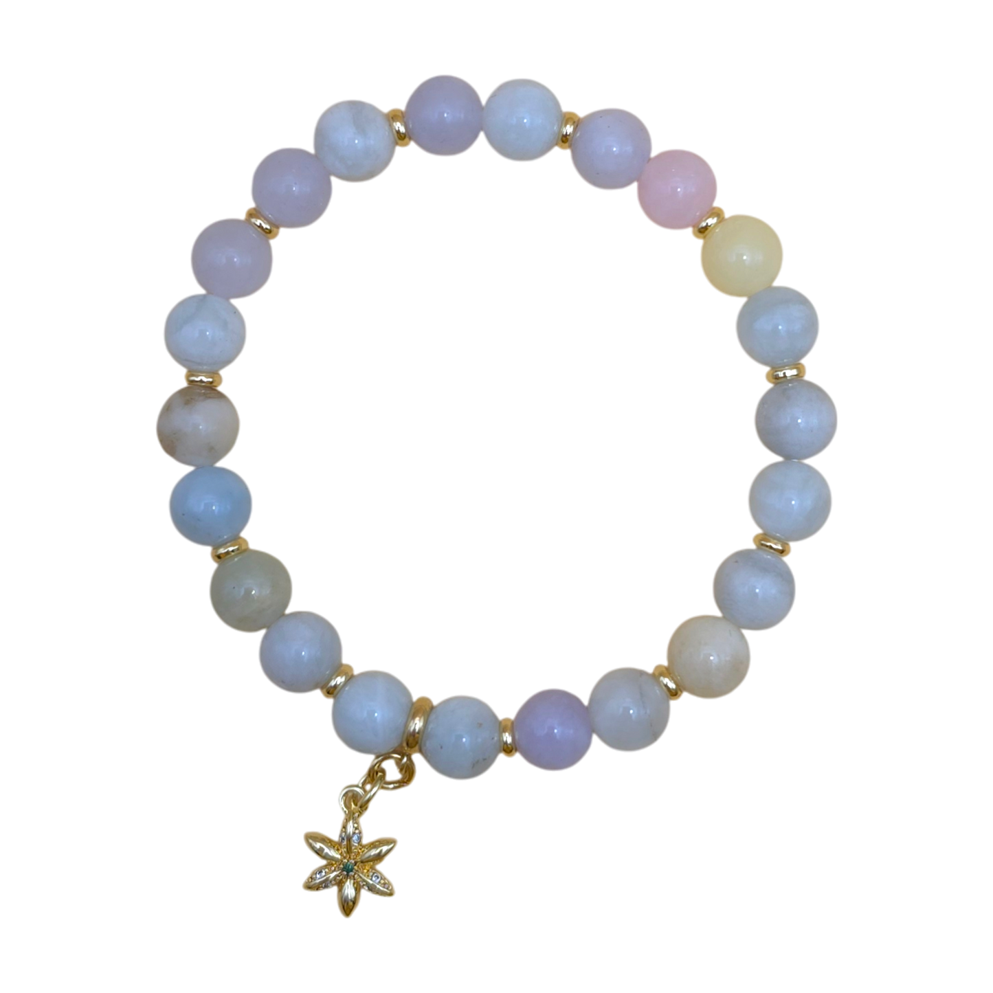 Morganit Armband für Sternzeichen Stier mit vergoldetem Blüten-Anhänger, 8 mm Natursteine, elastisches Band.