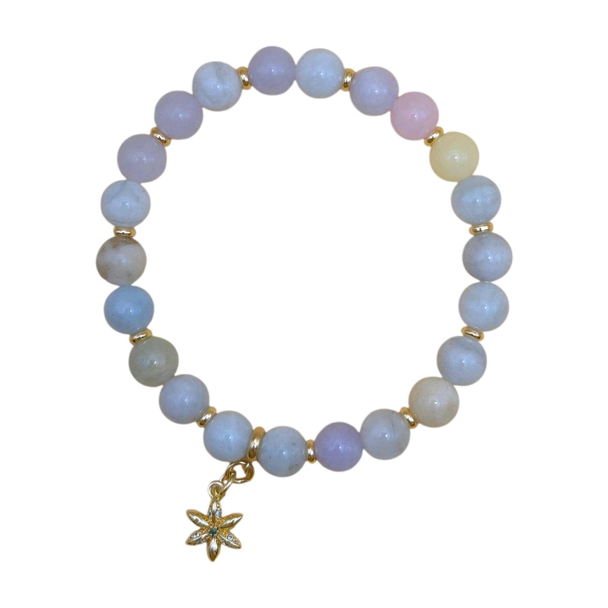 Morganit Armband für Sternzeichen Stier mit vergoldetem Blüten-Anhänger, 8 mm Natursteine, elastisches Band.