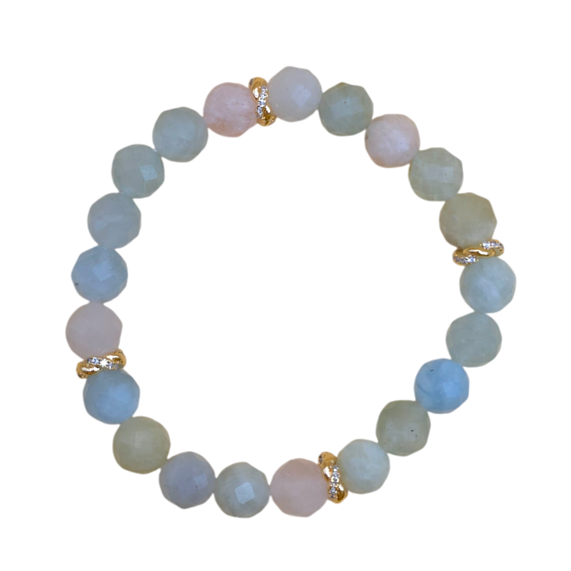 Morganit Armband 8 mm facettiert mit 18k vergoldeten Zwischenperlen, elastisch, Liebesstein für Sternzeichen Stier.