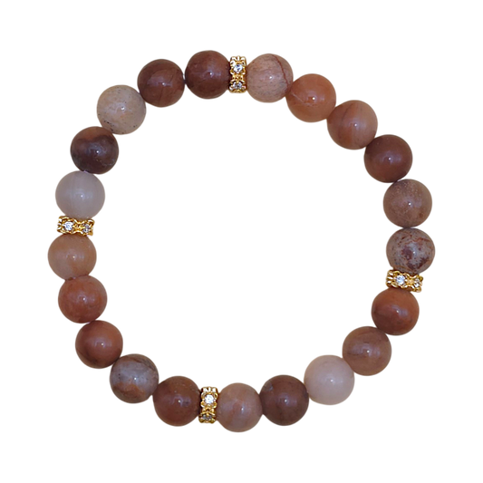 Aventurin Armband für Sternzeichen Stier mit 8 mm Natursteinperlen in Braun- und Beigetönen sowie 18k vergoldeten Strass-Zwischenperlen