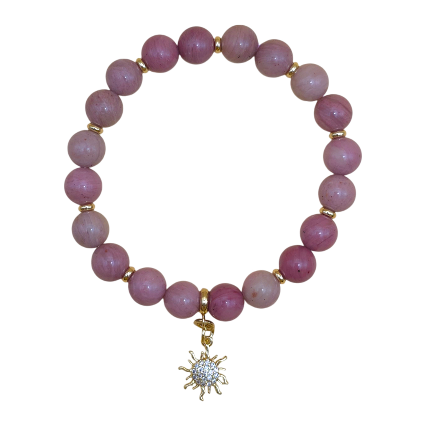 Rhodonit Armband für Sternzeichen Stier mit 8 mm rosafarbenen Edelsteinperlen, vergoldeten Zwischenperlen und 18k vergoldetem Sonnen-Anhänger