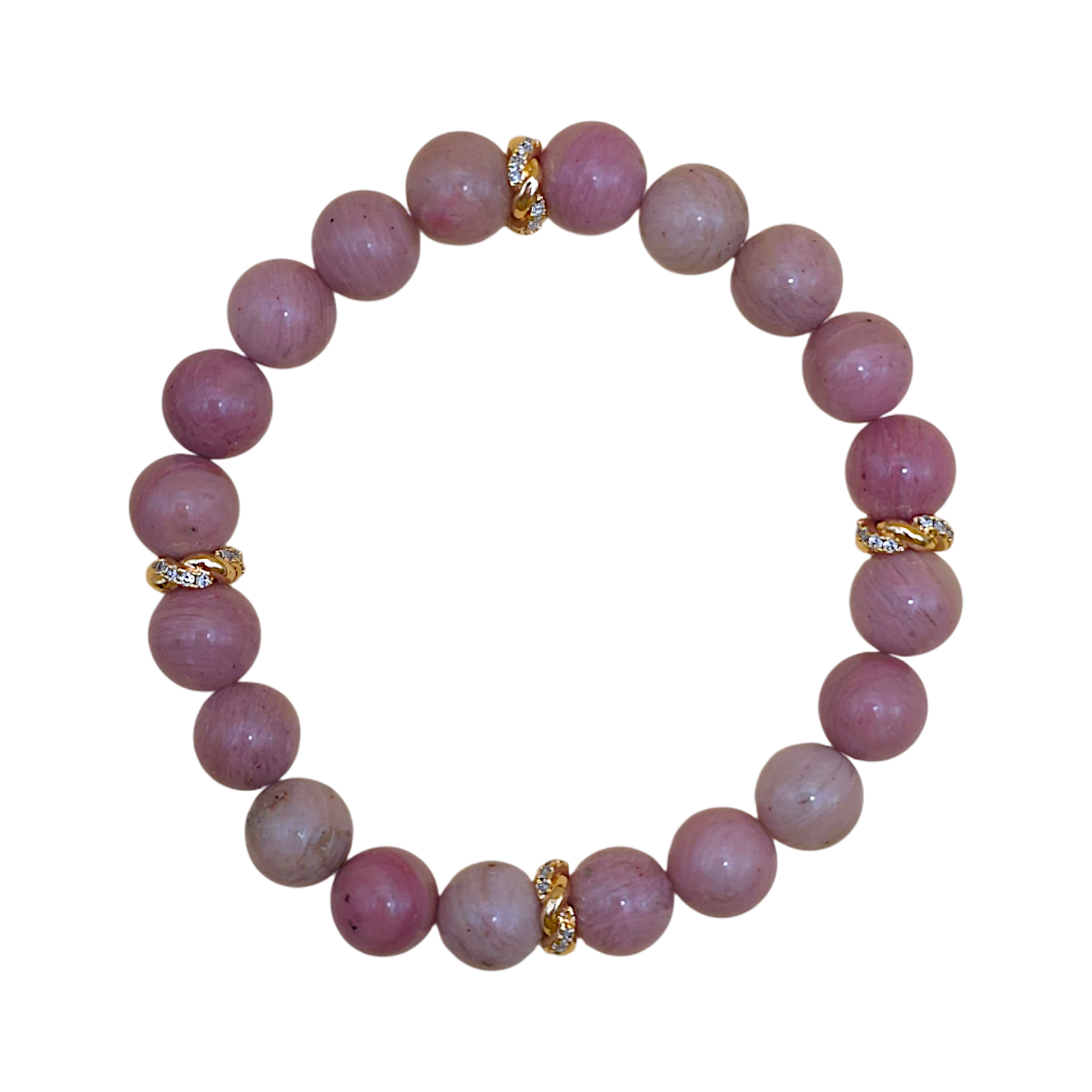 „Rodonit Armband 8 mm mit 18k vergoldeten Zwischenperlen, elastisch, energetischer Schmuck für Sternzeichen Stier.“